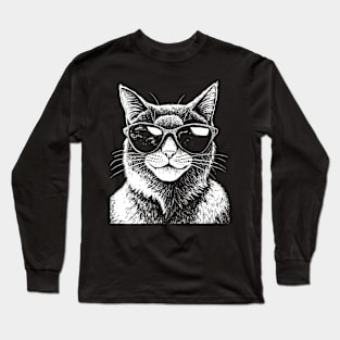 Cat in glasses art in linear style Long Sleeve T-Shirt